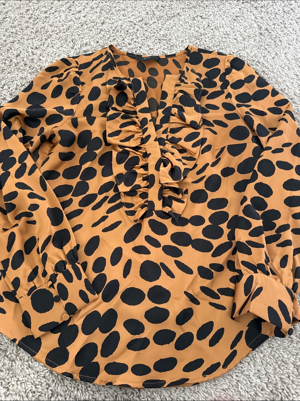 J. Crew Black Spot Ruffle Front Blouse - Camel